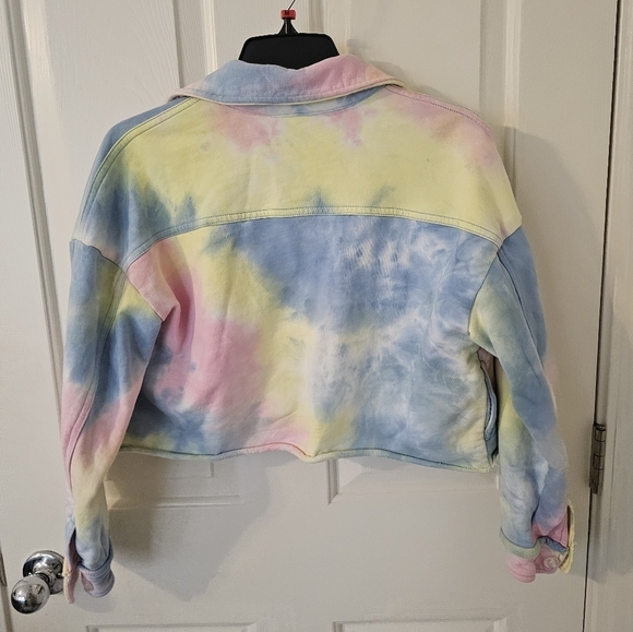 Blank NYC Jacket Yellow Pink Blue Tye Die Trucker Knit Crop Womens Size S - Picture 3 of 5
